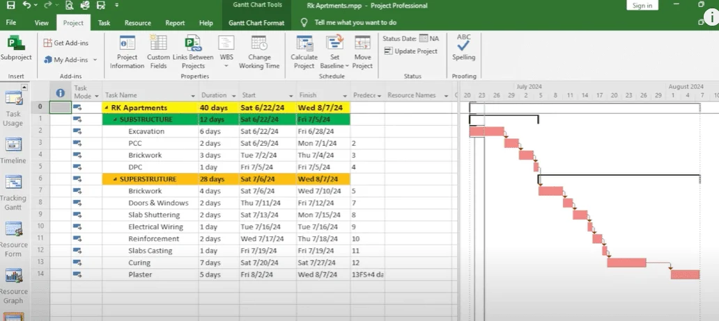 Microsoft Project Professional 2021 chart